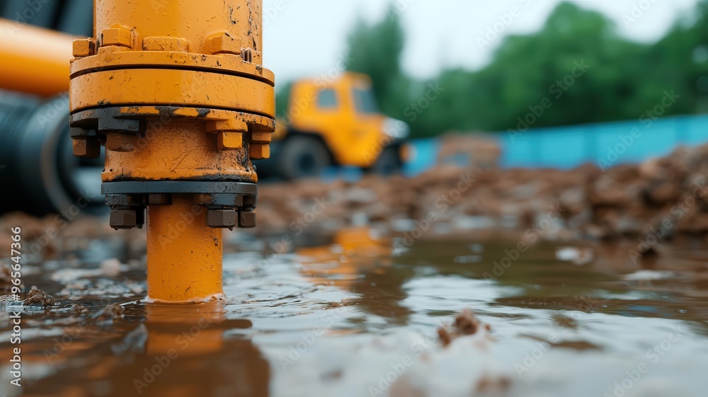 A diesel-powered water pump at a construction site, moving water from a flooded area, diesel water pump construction, site water management A diesel-powered water pump at a construction site, moving water from a flooded area, diesel water pump construction, site water management