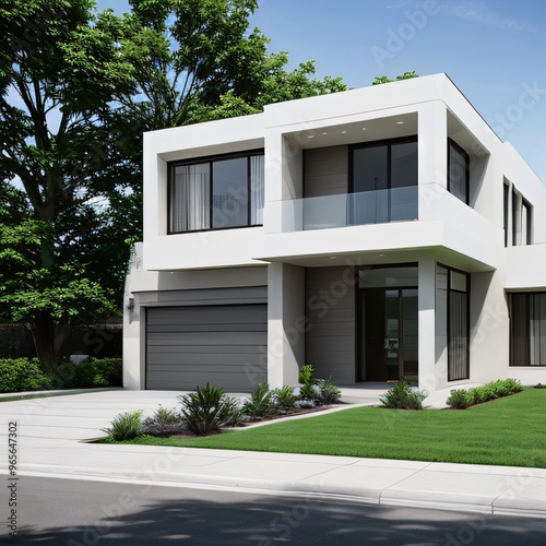 Modern luxury house with a well-manicured lawn..