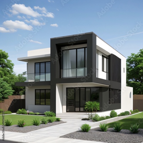 Modern luxury house with a well-manicured lawn..