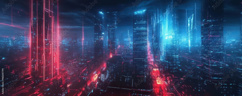 Obraz premium Nanoscale architecture with electronic veins lighting up, scifi, red and blue neon, sketch, futuristic buildings with glowing veins of energy