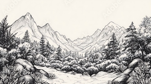 Serene Hand-Drawn Nature Landscape with Detailed Inkwork of Majestic Mountains and Lush Forests photo