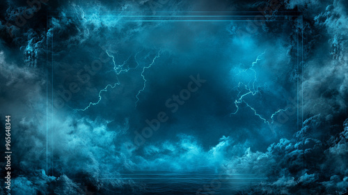 A dramatic scene with realistic lightning, blue smoke, and a glowing turquoise border. The scene is wide and panoramic, creating a mysterious and magical atmosphere. photo