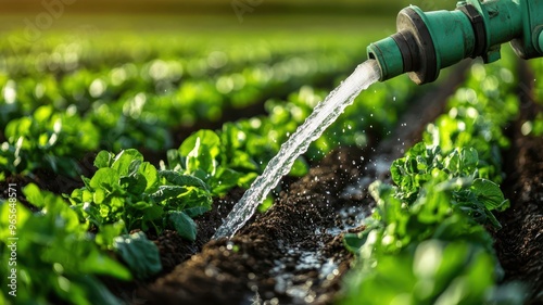 Water pump in a small farm, irrigating rows of crops, water pump farm irrigation, agricultural sustainability