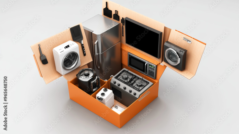 A gift box filled with home appliances: a refrigerator, microwave, food processor, TV, washing machine, gas stove. The scene is rendered in 3D with a realistic look. A gift box filled with home appliances: a refrigerator, microwave, food processor, TV, washing machine, gas stove. The scene is rendered in 3D with a realistic look.