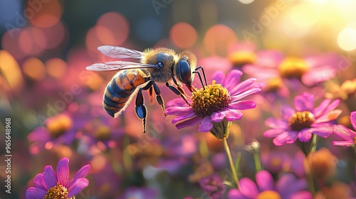 16. The rich hues of blooming wildflowers, overlaid with a detailed view of a bee pollinating, highlighting the essential relationship between flowers and pollinators photo