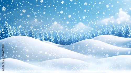 Snowy hills with scattered snowflakes falling against a vivid blue sky, cartoon vector scene with empty space for text.