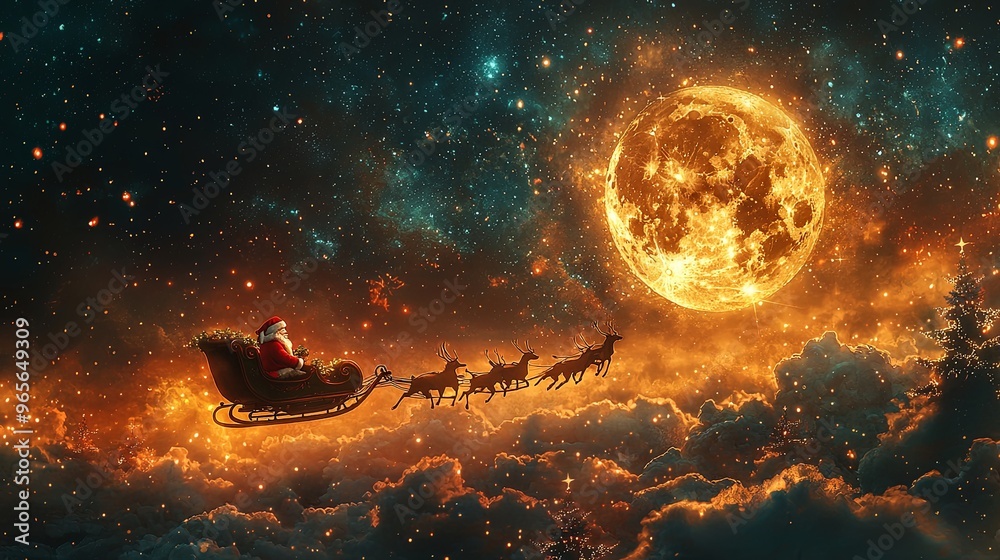 A beautiful artwork showing Santa Claus soaring through a magical Christmas night with his sleigh and reindeers, flying over glowing clouds beneath a brilliant full moon. A beautiful artwork showing Santa Claus soaring through a magical Christmas night with his sleigh and reindeers, flying over glowing clouds beneath a brilliant full moon.