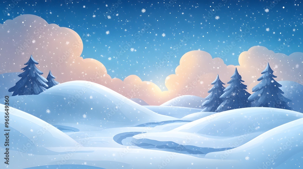 Fototapeta premium Winter cartoon landscape with snowdrifts, light snowfall, and a bright blue sky, designed for use as wallpaper with copy space.