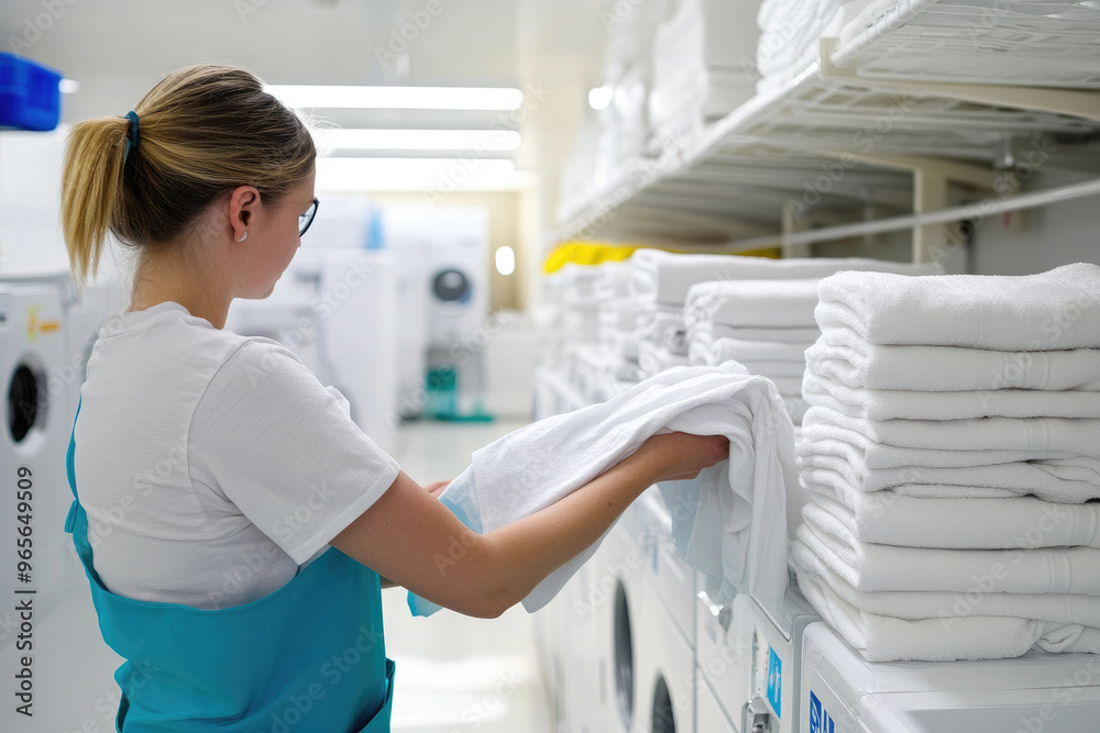 Focused female laundry worker sorting clean towels in industrial laundry service, ensuring neat organization in bright blue and white room. Importance of cleanliness and efficiency highlighted Focused female laundry worker sorting clean towels in industrial laundry service, ensuring neat organization in bright blue and white room. Importance of cleanliness and efficiency highlighted