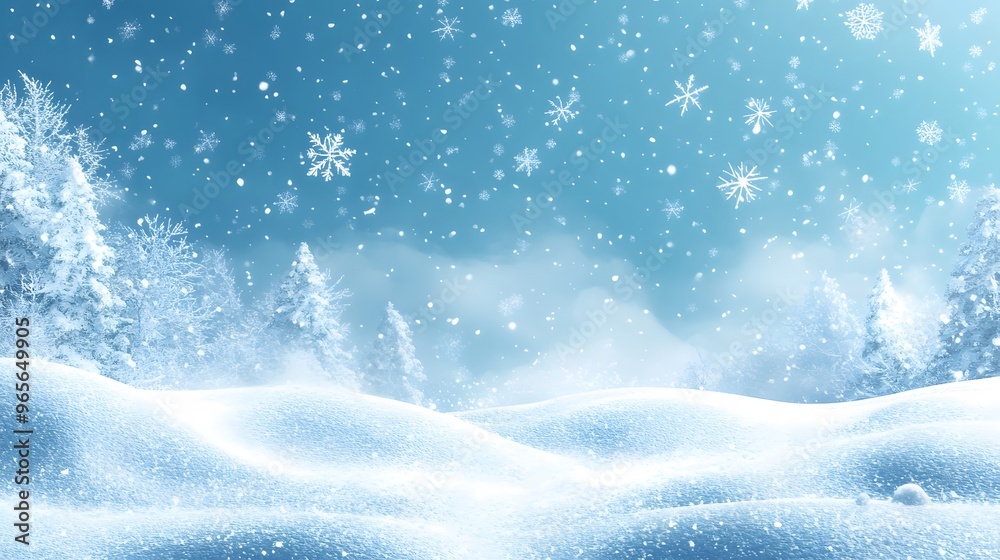Winter landscape with soft snowflakes falling on snowdrifts and a clear blue sky, cartoon vector illustration with wide copy space. Winter landscape with soft snowflakes falling on snowdrifts and a clear blue sky, cartoon vector illustration with wide copy space.