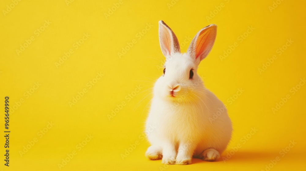 White rabbit on a yellow background, cheerful and vibrant concept White rabbit on a yellow background, cheerful and vibrant concept