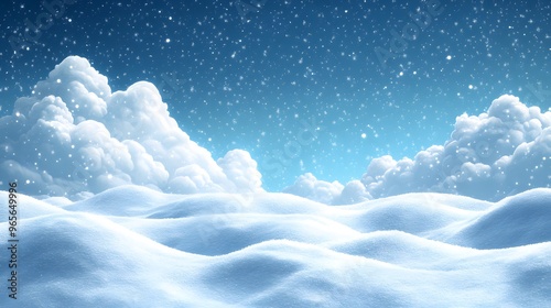 Cartoon winter wallpaper with snowdrifts, snow falling softly against a blue sky, and copy space for design elements.