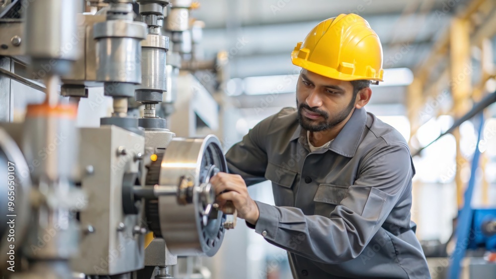 An Indian technician skillfully repairing or maintaining industrial machinery, showcasing technical expertise. An Indian technician skillfully repairing or maintaining industrial machinery, showcasing technical expertise.