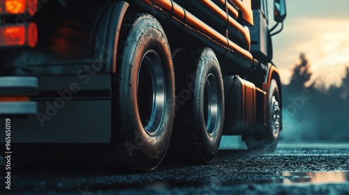 Close-up of a Semi-Truck Tire on the Road photo