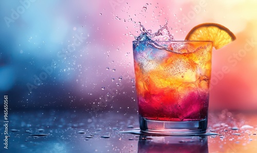 Cocktail glass with splashes of colorful liquid and a slice of orange. Perfect for summer and party themes.