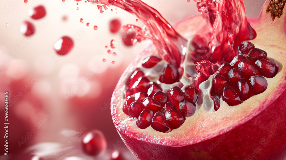 A juicy pomegranate bursts open, splashing vibrant red juice. The 3D image shows a slice with seeds and swirling liquid, creating a refreshing summer drink scene. A juicy pomegranate bursts open, splashing vibrant red juice. The 3D image shows a slice with seeds and swirling liquid, creating a refreshing summer drink scene.