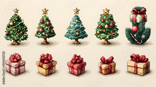 3D cartoon Christmas icons including a decorated tree, gift boxes, and festive ribbons, perfect for Merry Christmas and New Year greetings.