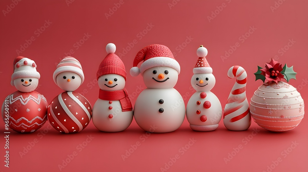 Merry Christmas 3D icons featuring snowmen, ornaments, and candy canes, in a playful cartoon style, perfect for New Year celebrations. Merry Christmas 3D icons featuring snowmen, ornaments, and candy canes, in a playful cartoon style, perfect for New Year celebrations.
