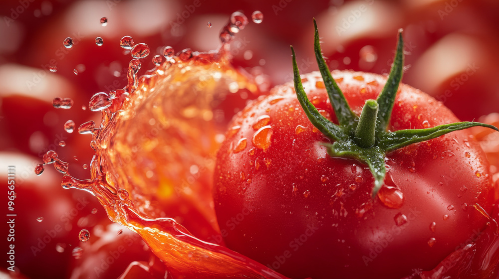 A juicy tomato, ready to be eaten, with splashes of its red juice. A refreshing tomato drink, swirling and splashing, with drops flying everywhere. A juicy tomato, ready to be eaten, with splashes of its red juice. A refreshing tomato drink, swirling and splashing, with drops flying everywhere.