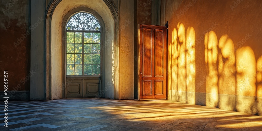 Fototapeta premium church door open to the morning light 