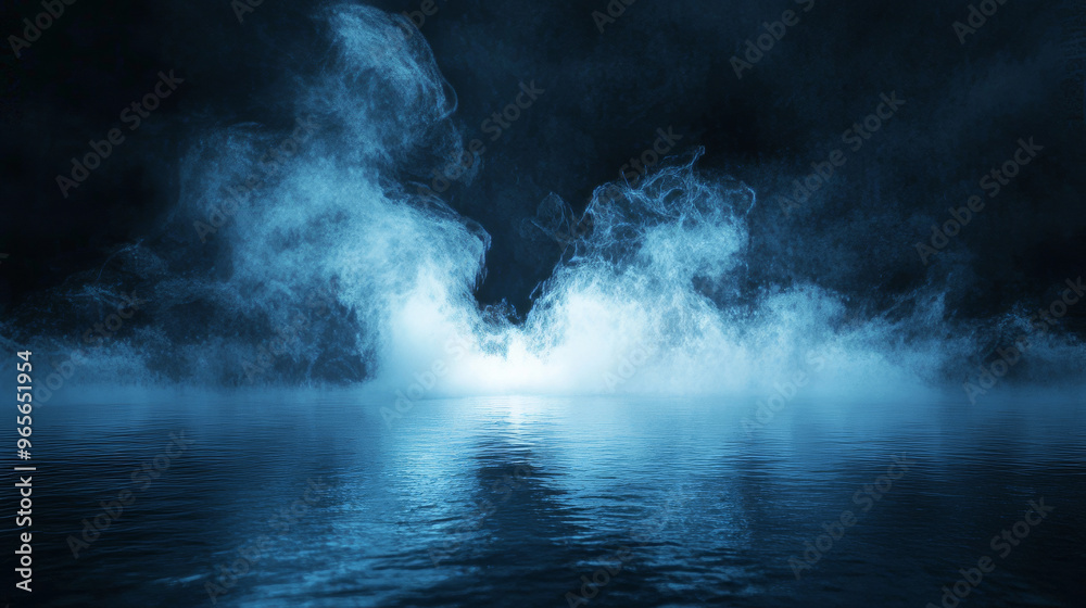 A mysterious, dark scene with a glowing, neon water surface. Smoke curls above the water, while spooky white light shines up from below. The scene is a realistic 3D illustration of a foggy night. A mysterious, dark scene with a glowing, neon water surface. Smoke curls above the water, while spooky white light shines up from below. The scene is a realistic 3D illustration of a foggy night.