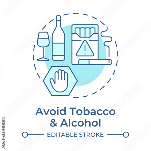 Avoid tobacco and alcohol soft blue concept icon. Cancer prevention. Healthy lifestyle. Cancer risk factors. Round shape line illustration. Abstract idea. Graphic design. Easy to use in article