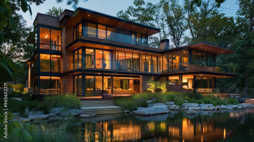 A modern house with wood and glass elements by the water. The design, the tranquil setting, the serene atmosphere at dusk’. A modern house with wood and glass elements by the water. The design, the tranquil setting, the serene atmosphere at dusk’.
