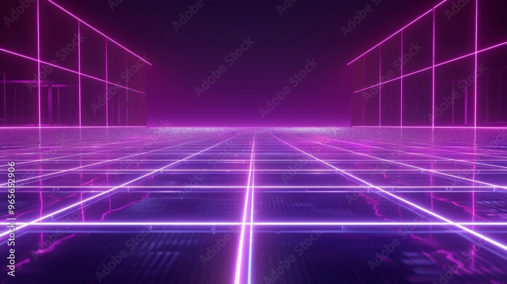 A futuristic neon grid landscape in purple and pink, with geometric shapes against a dark background, evoking a cyberpunk vibe with depth. A futuristic neon grid landscape in purple and pink, with geometric shapes against a dark background, evoking a cyberpunk vibe with depth.