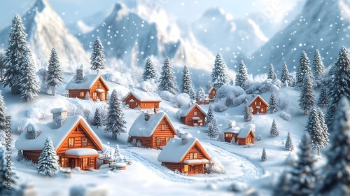 Winter village with cozy cottages, frosted pines, and a peaceful mountain backdrop, 3D cartoon style vector illustration.