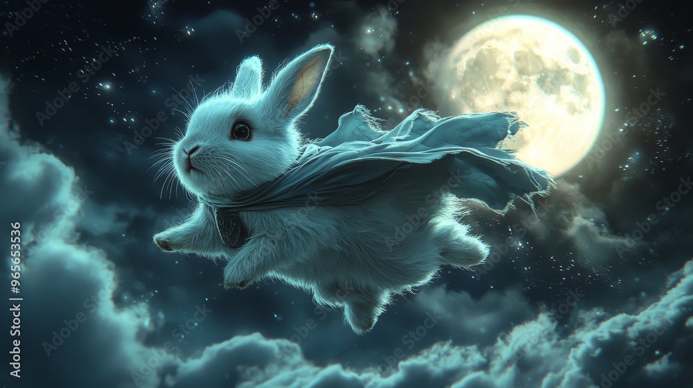 Obraz premium Extreme longest shot of Rabbit in a superhero cape soaring through a moonlit sky, [superhero rabbit], [cute Halloween pet]
