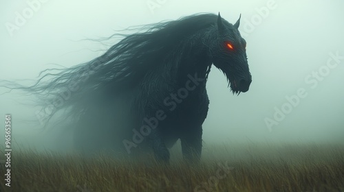 Extreme longest shot of Horse dressed as a dragon with fiery eyes, galloping through a foggy meadow, [Halloween horse], [majestic equine costume] photo