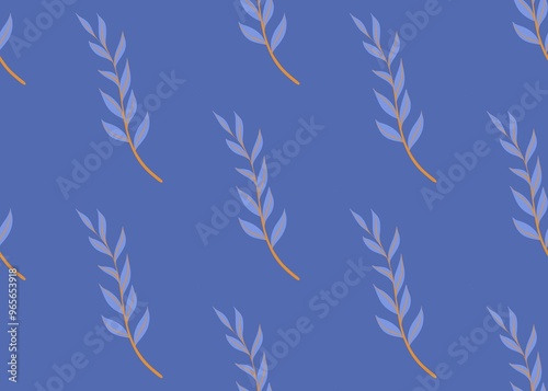 Seamless pattern with twigs. Blue branch. Natural background. Blue color.