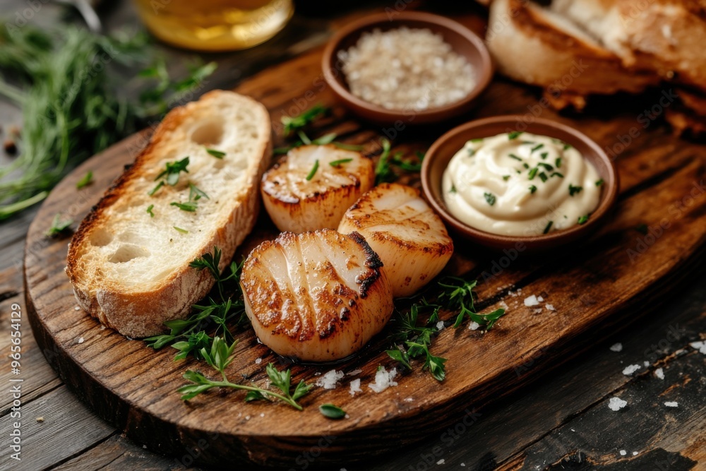 A rustic seaside setting with fried scallops served on a wooden platter, accompanied by garlic aioli, fresh herbs, and a slice of toasted baguette A rustic seaside setting with fried scallops served on a wooden platter, accompanied by garlic aioli, fresh herbs, and a slice of toasted baguette