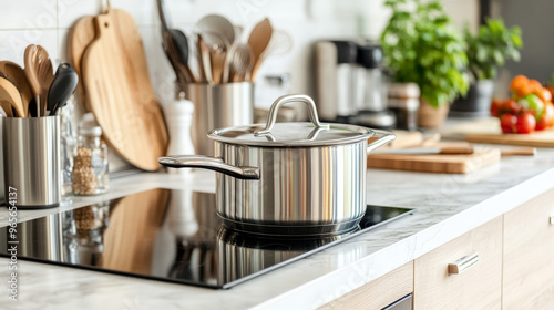 A shiny steel pot rests on a black stove in a stylish kitchen. White marble countertops and light wood cabinets surround it. There's plenty of space on the table for kitchen tools and utensils.