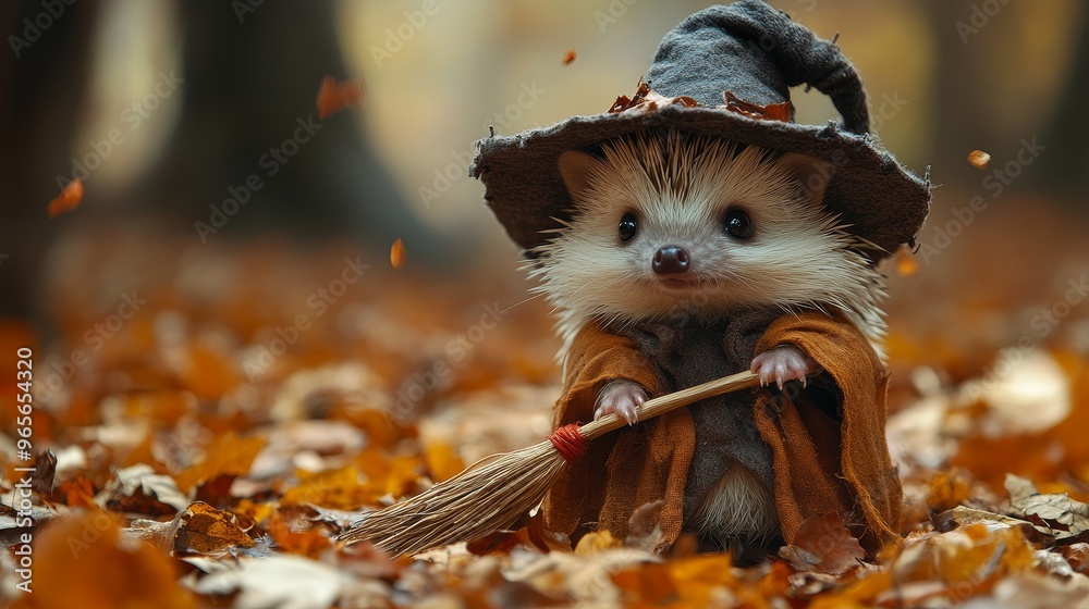 Extreme longest shot of Hedgehog dressed as a witch with a tiny broom, [witch hedgehog], [adorable Halloween pet]