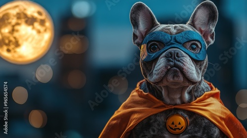 Cutie of Bulldog wearing a superhero cape and mask in front of a full moon, [superhero dog], [Halloween hero costume], halloween theme