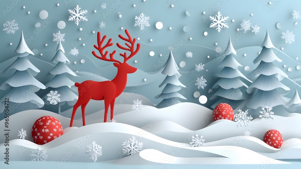Product podium display with reindeer, geometric shapes, and snowflakes in a Christmas theme, 3D vector in a paper art style. Product podium display with reindeer, geometric shapes, and snowflakes in a Christmas theme, 3D vector in a paper art style.