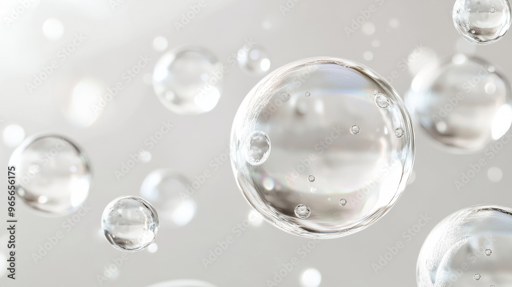 Clear serum drops with air bubbles, like a cosmetic lotion or essence, floating in the air. This realistic illustration shows the product's texture and how it looks when applied to skin. Clear serum drops with air bubbles, like a cosmetic lotion or essence, floating in the air. This realistic illustration shows the product's texture and how it looks when applied to skin.