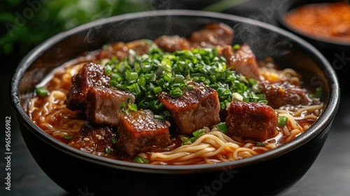 Steaming bowl of noodles topped with beef and green onions