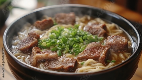 Steaming bowl of noodles topped with beef and green onions