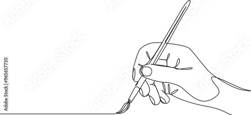 continuous single line drawing of hand holding paintbrush, line art vector illustration