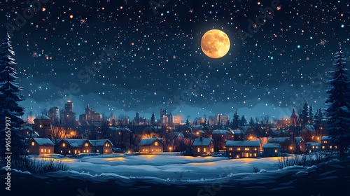 Winter countryside and urban skyline under a clear night sky with a full moon, perfect for holiday-themed banners in a cartoon vector design.