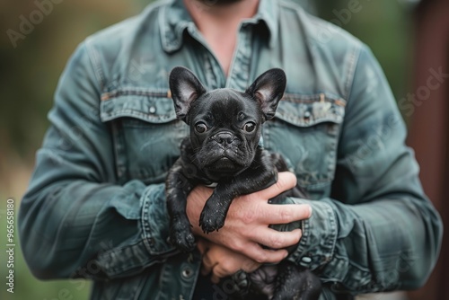 Fototapeta Naklejka Na Ścianę i Meble -  A man is holding a black dog. French bulldog in hands of a man in denim clothes against the background of summer streets. Dog walking