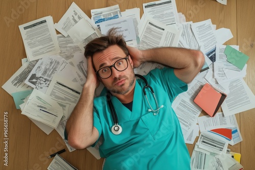 A frustrated doctor in scrubs lies on the floor surrounded by piles of paperwork, illustrating the stress of administrative tasks.
 photo