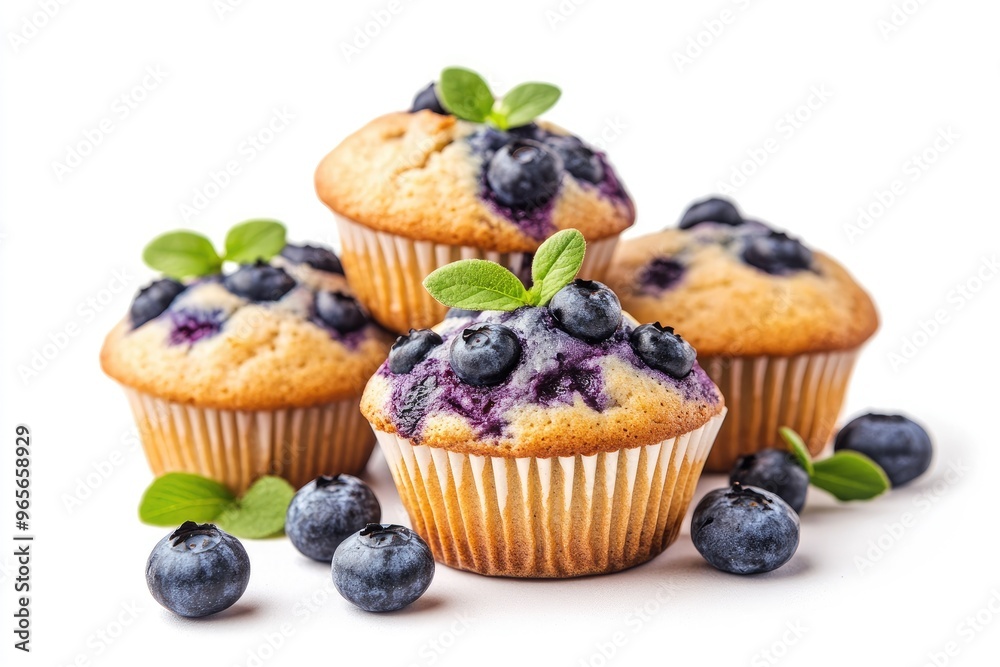 Delicious golden muffins topped with blueberries and green leaves Delicious golden muffins topped with blueberries and green leaves