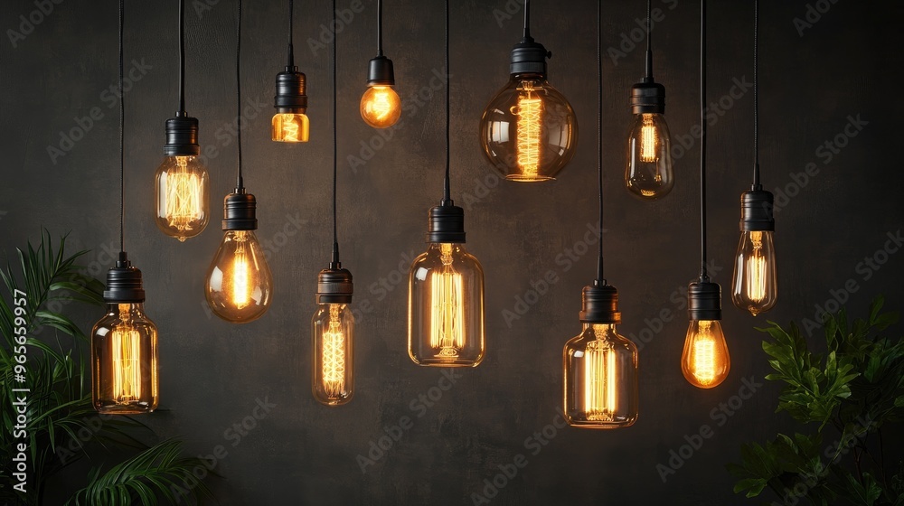 Variety of modern ceiling lamps hanging on black background Variety of modern ceiling lamps hanging on black background