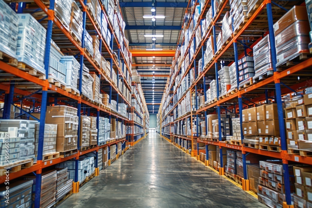 Warehouse interior showing high storage racks full of cardboard boxes Warehouse interior showing high storage racks full of cardboard boxes