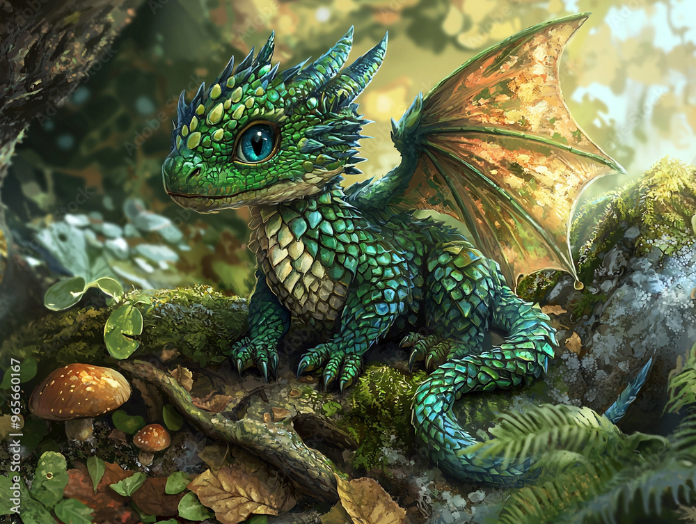 Obraz premium Close-up of a baby dragon in the forest