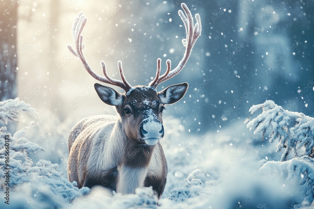 Beautiful reindeer standing in a snowy forest during winter Beautiful reindeer standing in a snowy forest during winter