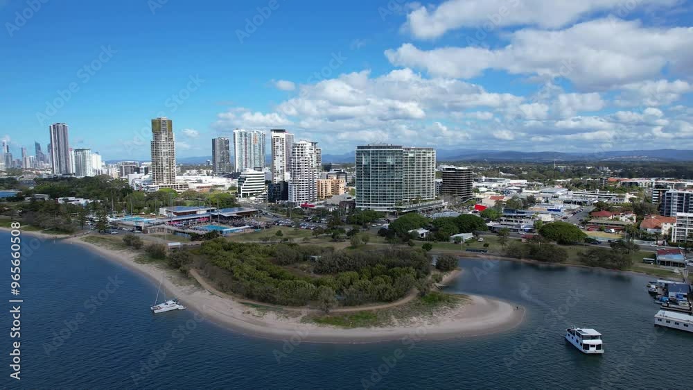 Tourist Destination Of Southport Broadwater Parklands In Marine Parade, Southport QLD, Australia. Aerial Drone Shot Tourist Destination Of Southport Broadwater Parklands In Marine Parade, Southport QLD, Australia. Aerial Drone Shot